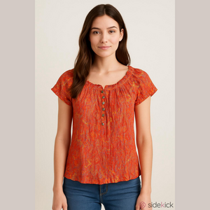 EUC Women's Chaps Short Sleeve Blouse Size L Orange Multicolor